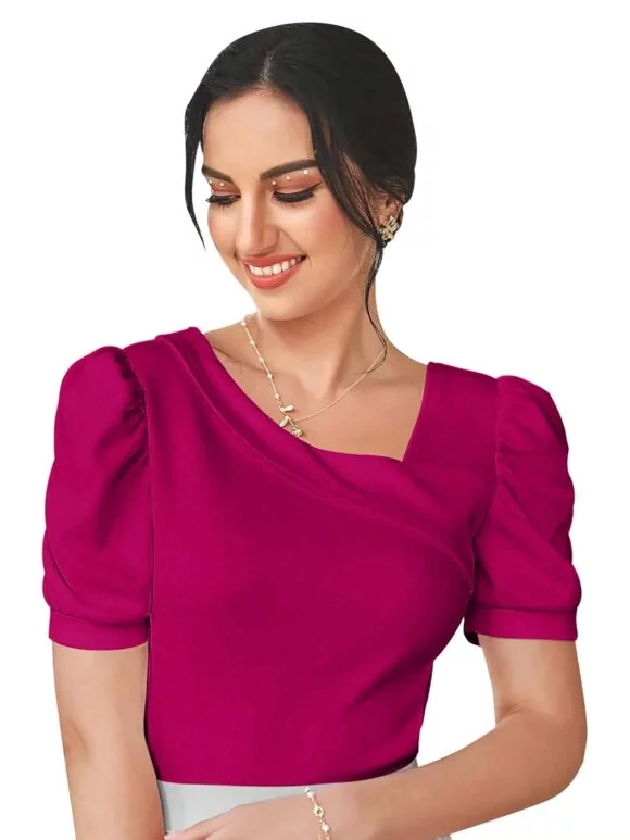 Standard Generic Dream Beauty Fashion Women's Asymmetric Neck Puff/Balloon Bishop Sleeve Elegant Casual Tee Top, 23" inches (Top Paris-01)