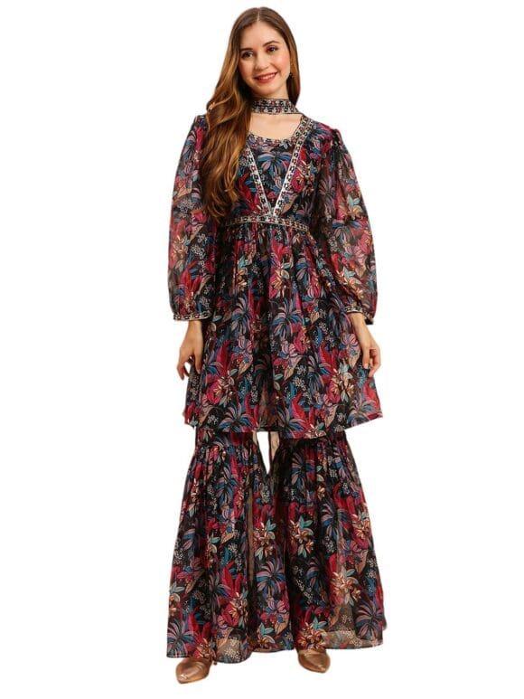 Georgette Sharara And Short Kurti Top With Dupatta Set For Solid With Digital Print And Embroidery Work Loose Sharara Set(M-2464)