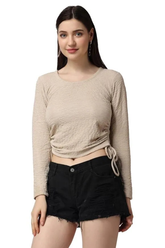 Self Design Regular Fit Polyester Full Sleeves Crop Tops for Women with Crush String
