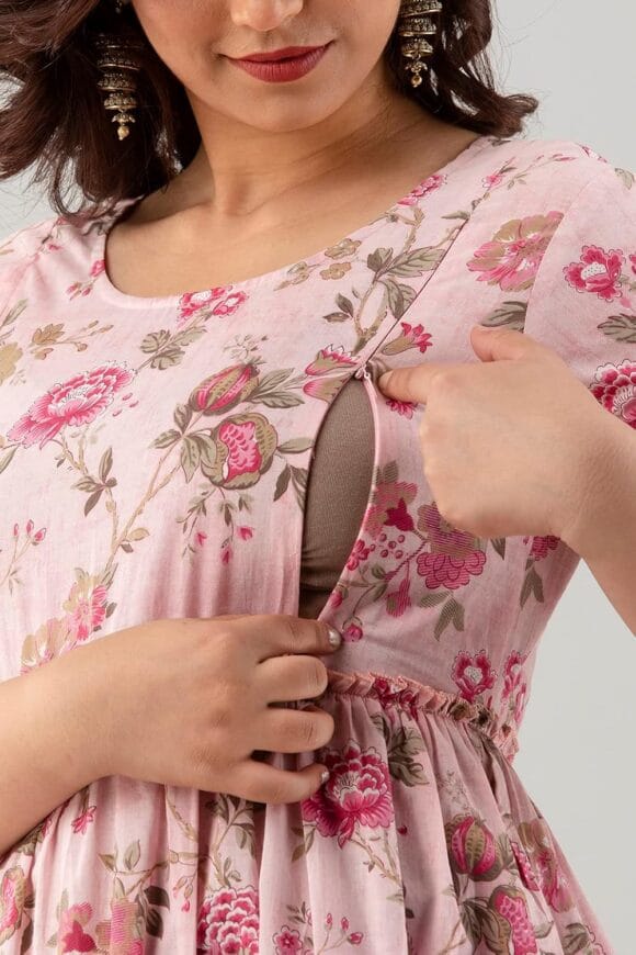 Feeding Gown Cotton Anarkali Comfortable Maternity Kurta Dress with Zippers - Image 7