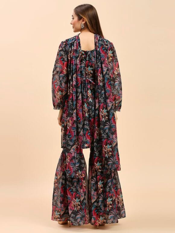 Georgette Sharara And Short Kurti Top With Dupatta Set For Solid With Digital Print And Embroidery Work Loose Sharara Set(M-2464) - Image 2