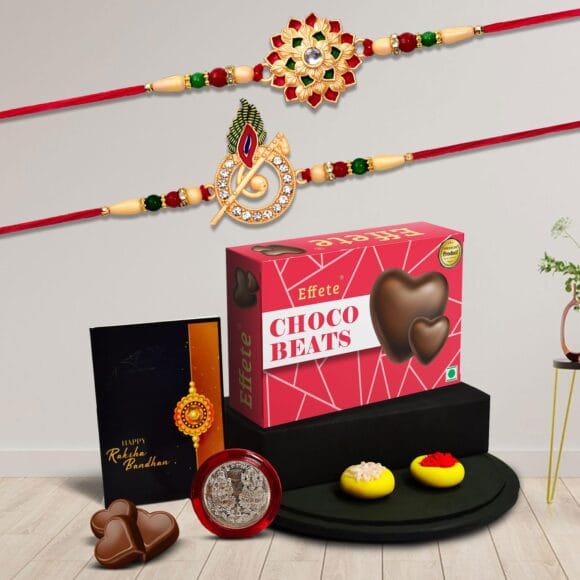 Oblivion Rakhi Combo (K2_501+703_CB32) & Effete Chocolate Beats 32gm with Pooja Coin & Greeting Card | Rakhi Gift Hamper | Rakhi Combo with card and chocolate | chocolates gift | Rakhi & Chocolate for brother | rakhi with gift | rakhi set of 2