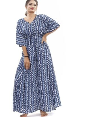 MODI FACTORY Jaipur Export Quality,Women's Cotton Kaftan Plus Size Maxi Caftan Gown Handmade Jaipur Block Print Sleepwear One Piece Long Dress Jaipur Lahariya..Size Adjustable m to XXXL,Free Size