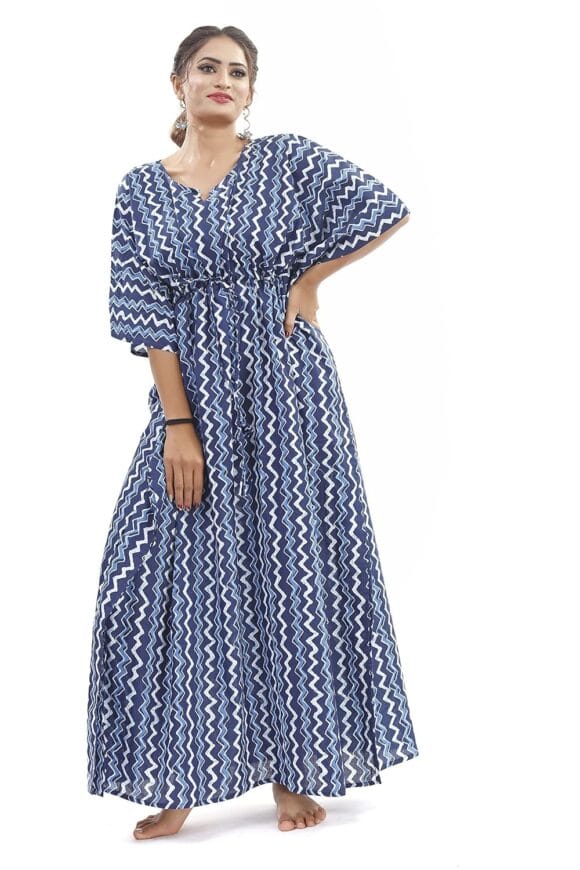 MODI FACTORY Jaipur Export Quality,Women's Cotton Kaftan Plus Size Maxi Caftan Gown Handmade Jaipur Block Print Sleepwear One Piece Long Dress Jaipur Lahariya..Size Adjustable m to XXXL,Free Size