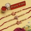 eCraftIndia Set of 3 Trishul with Damru, Lord Ganesha, & Lord Krishna Playing Flute Religious Rakhis for Brothers & Roli Chawal Pack, Happy Rakhi Wooden Cutout