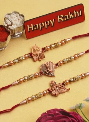 eCraftIndia Set of 3 Trishul with Damru, Lord Ganesha, & Lord Krishna Playing Flute Religious Rakhis for Brothers & Roli Chawal Pack, Happy Rakhi Wooden Cutout