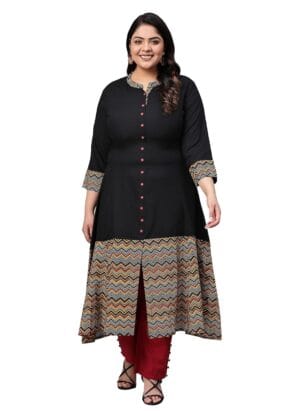 Yash Gallery Women's Plus Size Rayon & Cotton Cambric Zig-Zag Printed A-Line Kurta for Women