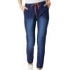 Miss Chase Women's Navy Blue Solid Mid Rise Clean Look Regular Length Stretchable Denim Distressed Jogger Pants
