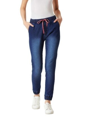Miss Chase Women's Navy Blue Solid Mid Rise Clean Look Regular Length Stretchable Denim Distressed Jogger Pants