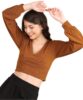 Casual Self Design Rust Deep V Neck Full Sleeve Crop Top | Women Tops | Women Regular Tops | Women Tops | Women Stylish Tops