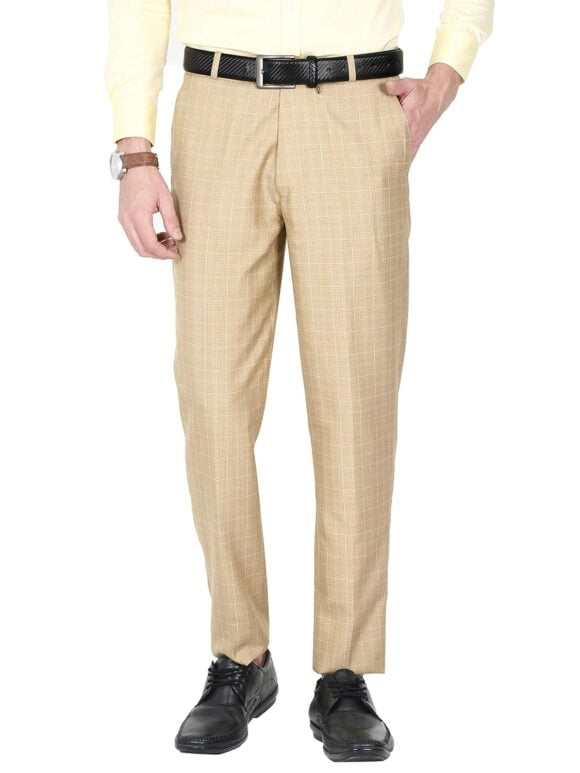 McHenry Mens Regular Fit Poly Rayon Checkered Formal Trousers, Trousers (40, Beige)