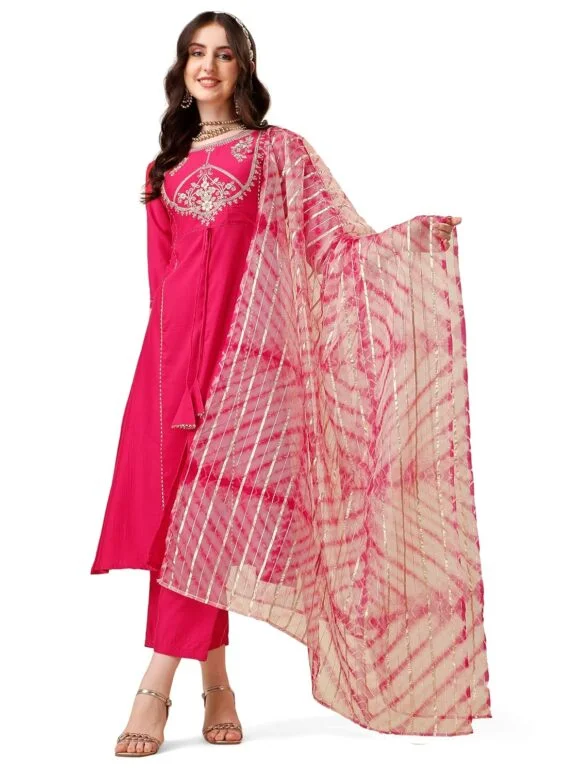 Standard Generic EthnicJunction Women's Chinon Embroidered Straight Front Slit Kurta Palazzo & Organza Dupatta Set