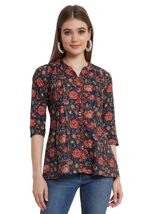 Jaipuri Cotton Floral Printed Bell Sleeves Top for Women (Pintucks Design)
