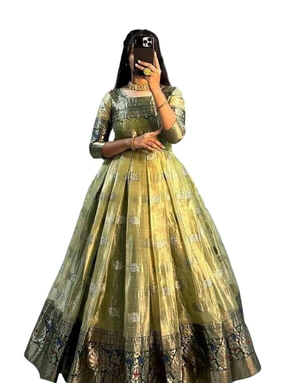 Womens Organza Jecard Long Gown with Inner Cotton Crepe with Net Embroidery with 4 Side Jecard Lace Border
