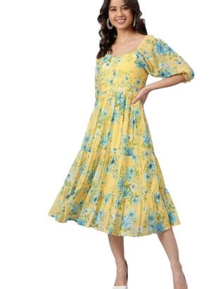 Janasya Women's Yellow Georgette Floral Printed Flared Western Dress