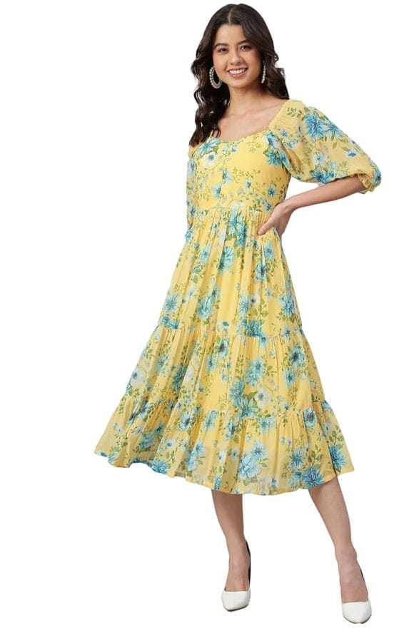 Janasya Women's Yellow Georgette Floral Printed Flared Western Dress