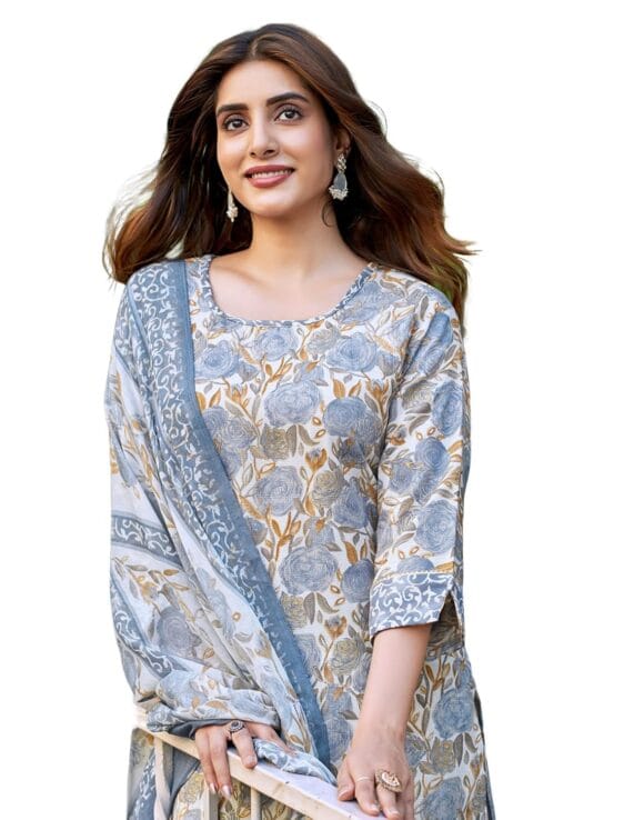 SIRIL Women's Cotton Blend Floral Printed Straight Kurta Pant With Dupatta Set