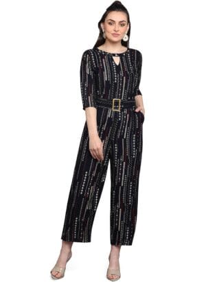 J TURRITOPSIS Women's Rayon Foil Printed Round Neck Jumpsuit (Multicolor)