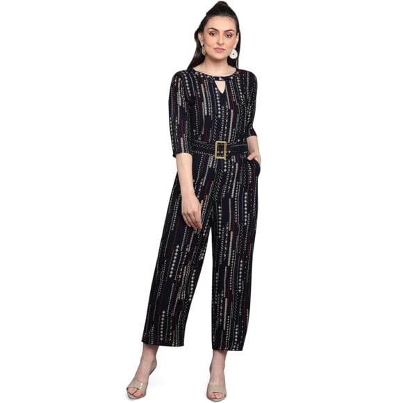 J TURRITOPSIS Women's Rayon Foil Printed Round Neck Jumpsuit (Multicolor)