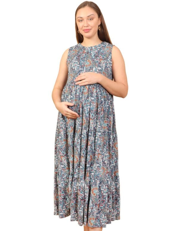 Miga Women's Maternity Dress with Adjustable Neck and Feeding Zipper, Pocket and Adjustable Tie-Knot Waist with Puff Sleeve