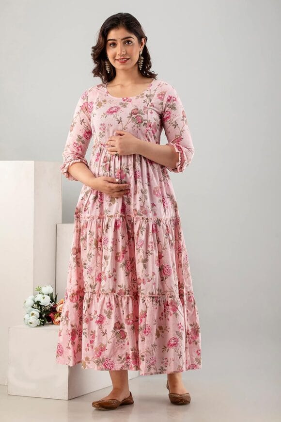 Feeding Gown Cotton Anarkali Comfortable Maternity Kurta Dress with Zippers - Image 4