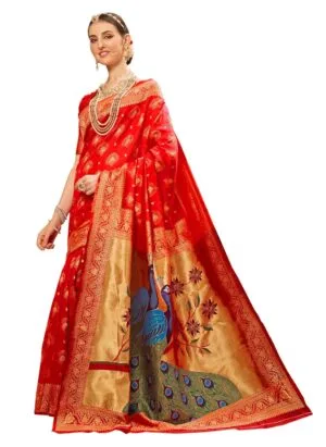 EthnicJunction Women's Paithani Silk Blend Woven Saree With Blouse Piece