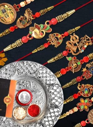 Oblivion Rakhi for Brother Set of 10 with Dish, Silver Coin & Greeting Card, Rakhi for Brother and Bhabhi, Rakhi with Gift for Brother, Rakhi for Kids, Rakhi Set, Rakhi Combo (K10_MC56_DS)