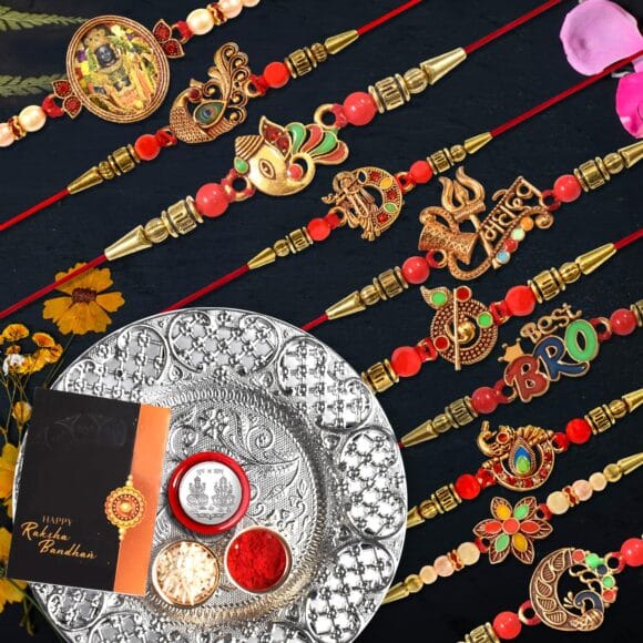 Oblivion Rakhi for Brother Set of 10 with Dish, Silver Coin & Greeting Card, Rakhi for Brother and Bhabhi, Rakhi with Gift for Brother, Rakhi for Kids, Rakhi Set, Rakhi Combo (K10_MC56_DS)