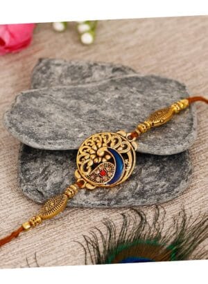 eCraftIndia Golden Designer Peacock Rakhi with Roli Chawal Pack - Rakhi for Brother, Bhaiya, Bhai