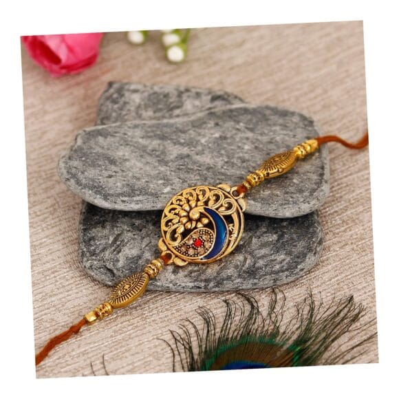 eCraftIndia Golden Designer Peacock Rakhi with Roli Chawal Pack - Rakhi for Brother, Bhaiya, Bhai