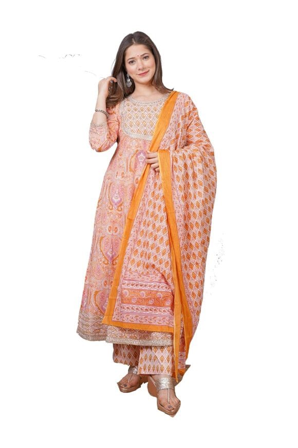 Women's Orange Cotton Printed Anarkali Kurta With Palazzo & Dupatta Set With Handwork