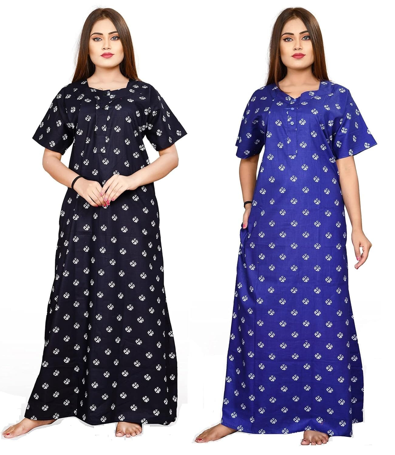 Keyocean Women's Cotton Printed Nighty Night Gown Dress Maxi Free Size (Pack of 2)