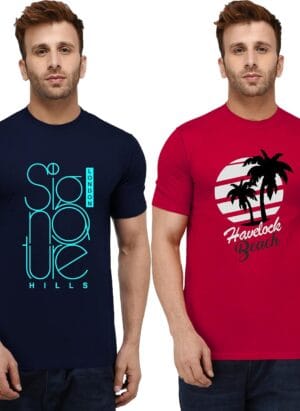 London Hills Men's Half Sleeve 100% Pure Cotton Casual Round Neck Printed Regular Fit Tshirts (Pack of 2)