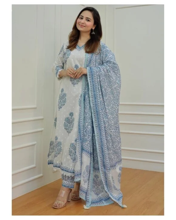 Arayna Women's Cotton Printed Floral Straight Kurta with Palazzo Pants and Dupatta - Image 6