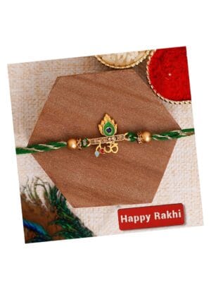 eCraftIndia Green & Golden Om & Peacock Feather Religious Designer Rakhi with Roli Chawal Pack and Happy Rakhi Wooden Cutout - Rakhi for Brother, Bhaiya, Bhai