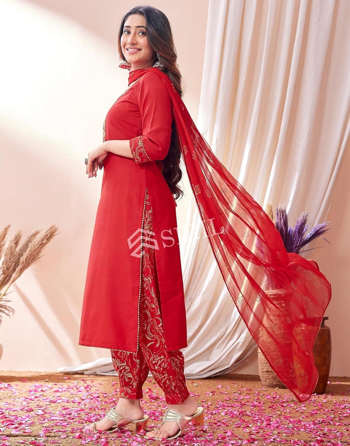 SIRIL Women's Cotton Blend Embroidery Kurta Pant with Dupatta Set - Image 4