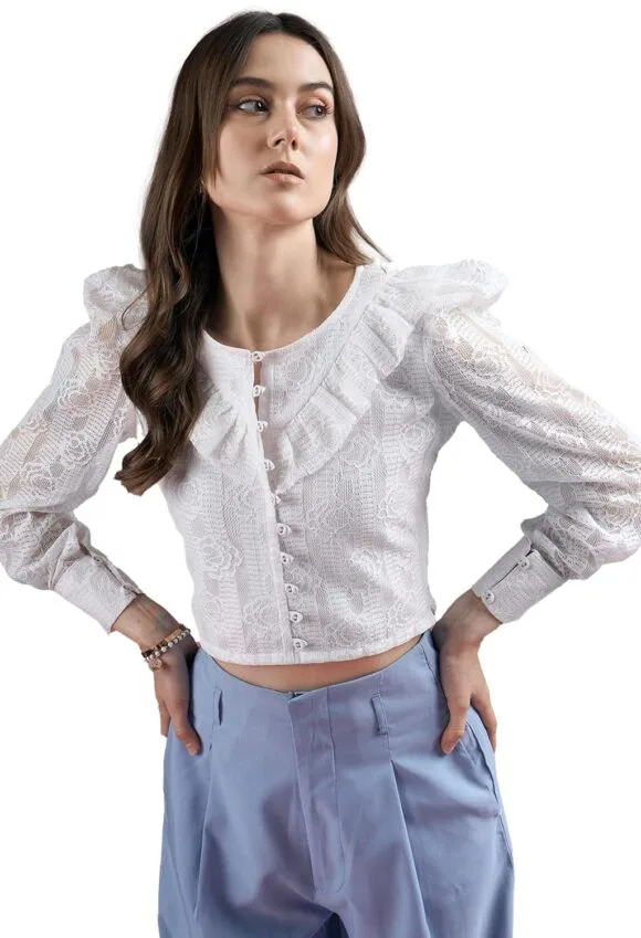 Women's White Self Design Puff Sleeve Ruffles Top |Tops for Women Office wear Tops for Women| Office wear Tops for Women| Women Tops Western Latest