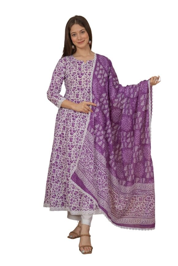 Women's Cotton Printed Anarkali Kurta with Palazzo & Dupatta Set