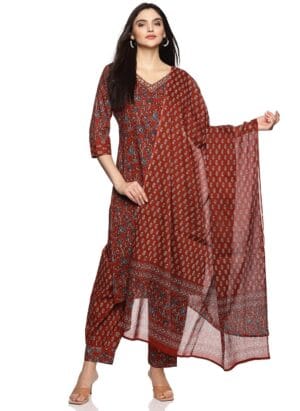 RAJMANDIRFABRICS Women's Cotton Hand Work With Floral Printed Straight Kurta Pant With Dupatta Set (Red)