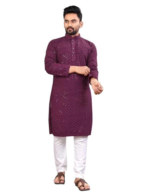 Men's Indian Ethnic Wear Straight Lucknowi Kurta Pyjama Set Pack of 1 (XXL, Wine)