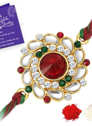 Sukkhi Rakhi Elegant Floral Kundan Designer Gold Plated Premium Rakhi for Brother With Roli Chawal & Greeting Card | Rakhi for Bhaiya | Rakhi for Men | Kundan Rakhi