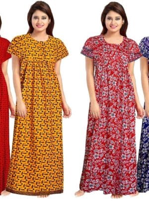 NEGLIGEE Nighty for Women Cotton Printed Maxi Gown Ankle Length Nighty Night Dress Gown for Women Maxi - Free Size (Pack of 4)