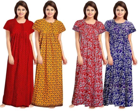 NEGLIGEE Nighty for Women Cotton Printed Maxi Gown Ankle Length Nighty Night Dress Gown for Women Maxi - Free Size (Pack of 4)