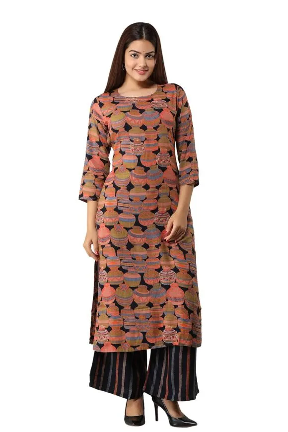 Rayon Slub Mix Print Straight 3/4 Sleeve Kurta Palazzo Set