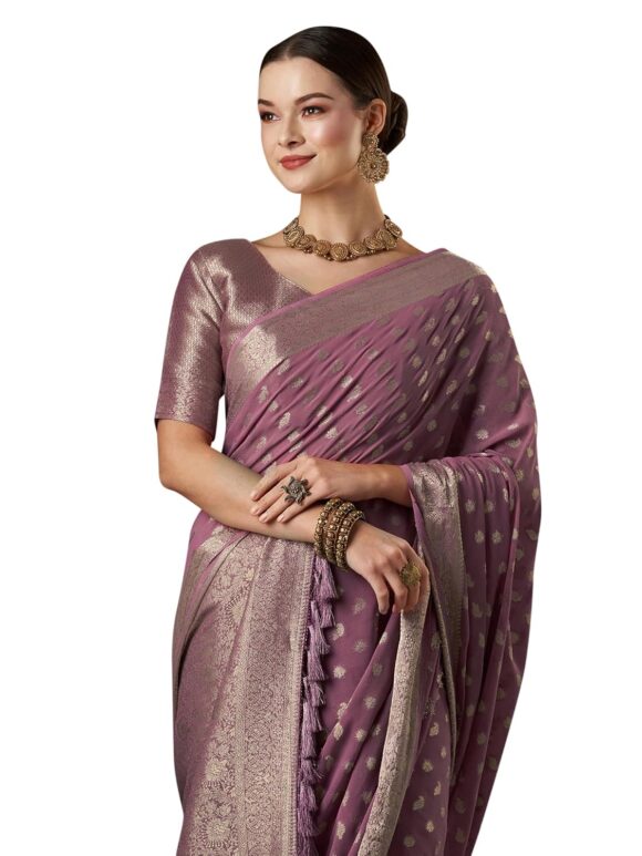 AKHILAM Women's Georgette Banarasi Silk Saree with Unstitched Blouse Piece