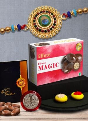 Oblivion Rakhi With Effete Choco Magic 32gm With Pooja Coin & Greeting Card, Rakhi Gift Set, Rakhi For Younger Brother, Rakhi Hamper For Brother, Rakhi For Brother With Chocolate (K1_130_CM32)