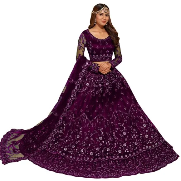 Embroidered Semi Stitched Women's Net Chain Stitch Lehenga Choli And Dupatta Set (Free Size)