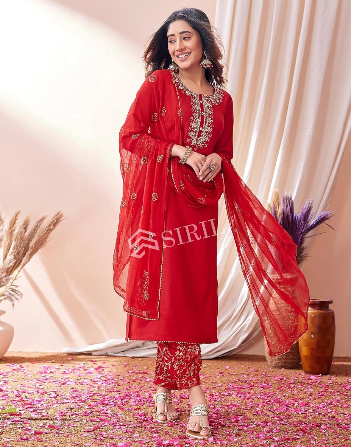 SIRIL Women's Cotton Blend Embroidery Kurta Pant with Dupatta Set - Image 3