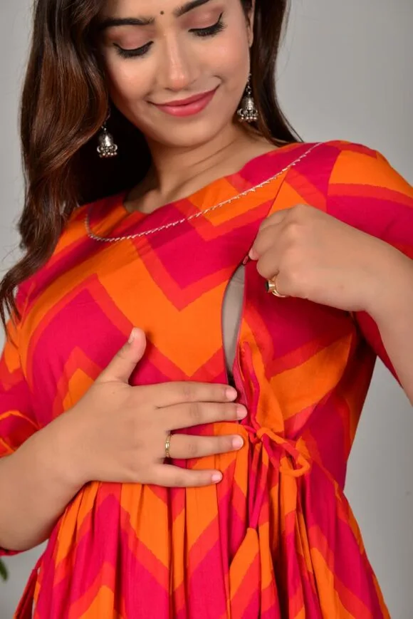 Printed Cotton Maternity Gown for Women Feeding Anarkali Kurti with Zip - Image 7