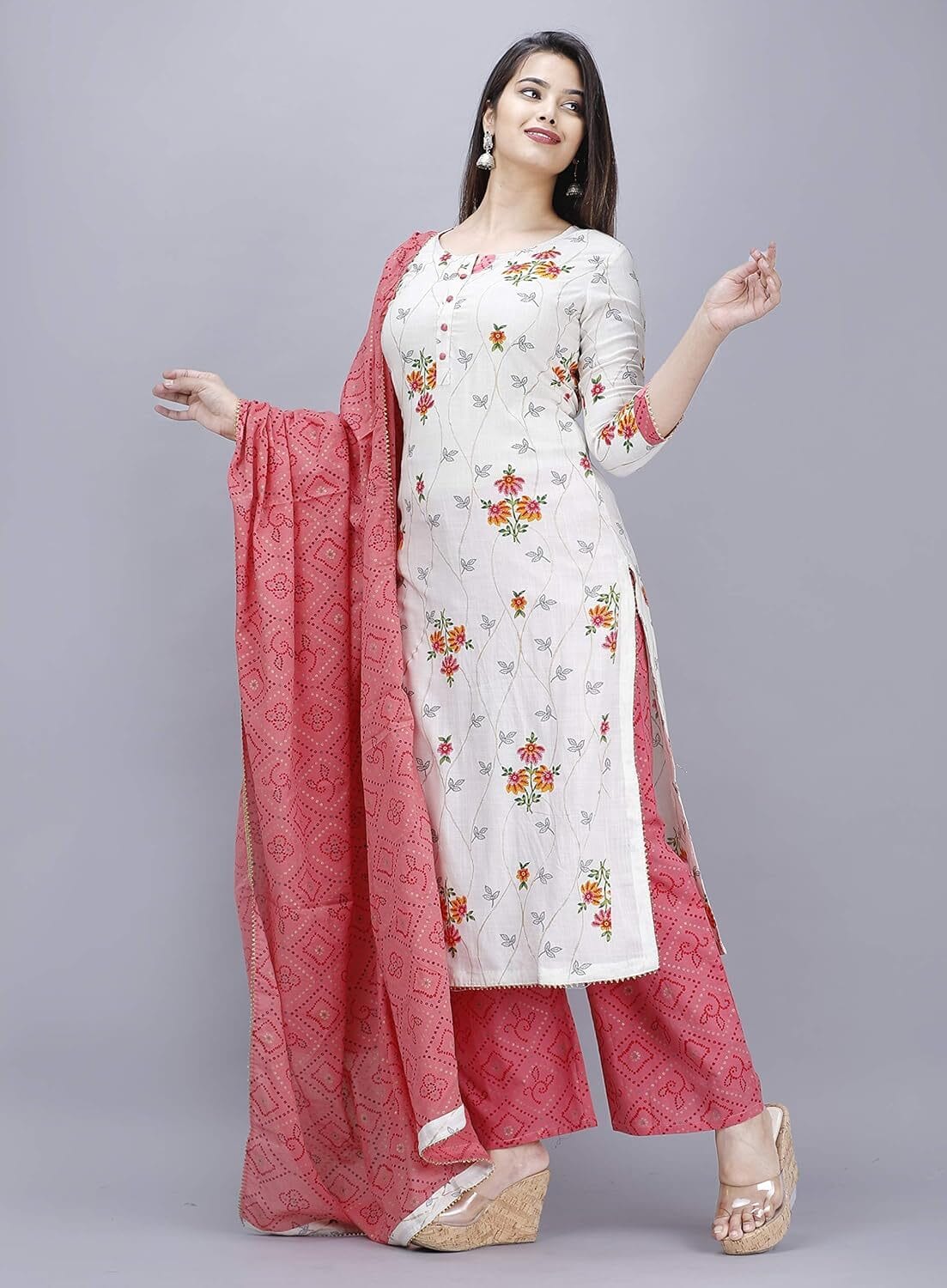 Women Pink Cotton Printed Kurta With Palazzo & Dupatta Set - Image 2